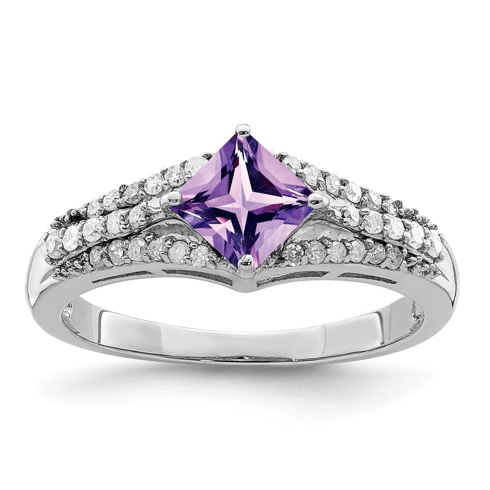 Sterling Silver Rhodium-plated Diamond & Amethyst Ring