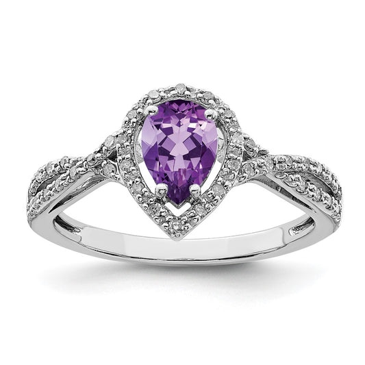 Sterling Silver Rhodium-plated Diamond & Amethyst Ring