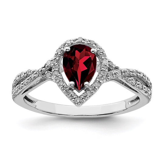 Sterling Silver Rhodium-plated Diamond & Garnet Ring