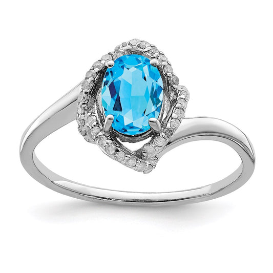 Sterling Silver Rhodium Blue Topaz & Diamond Ring