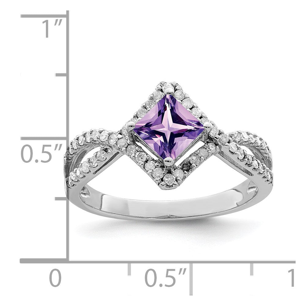 Sterling Silver Rhodium-plated Diamond & Amethyst Ring