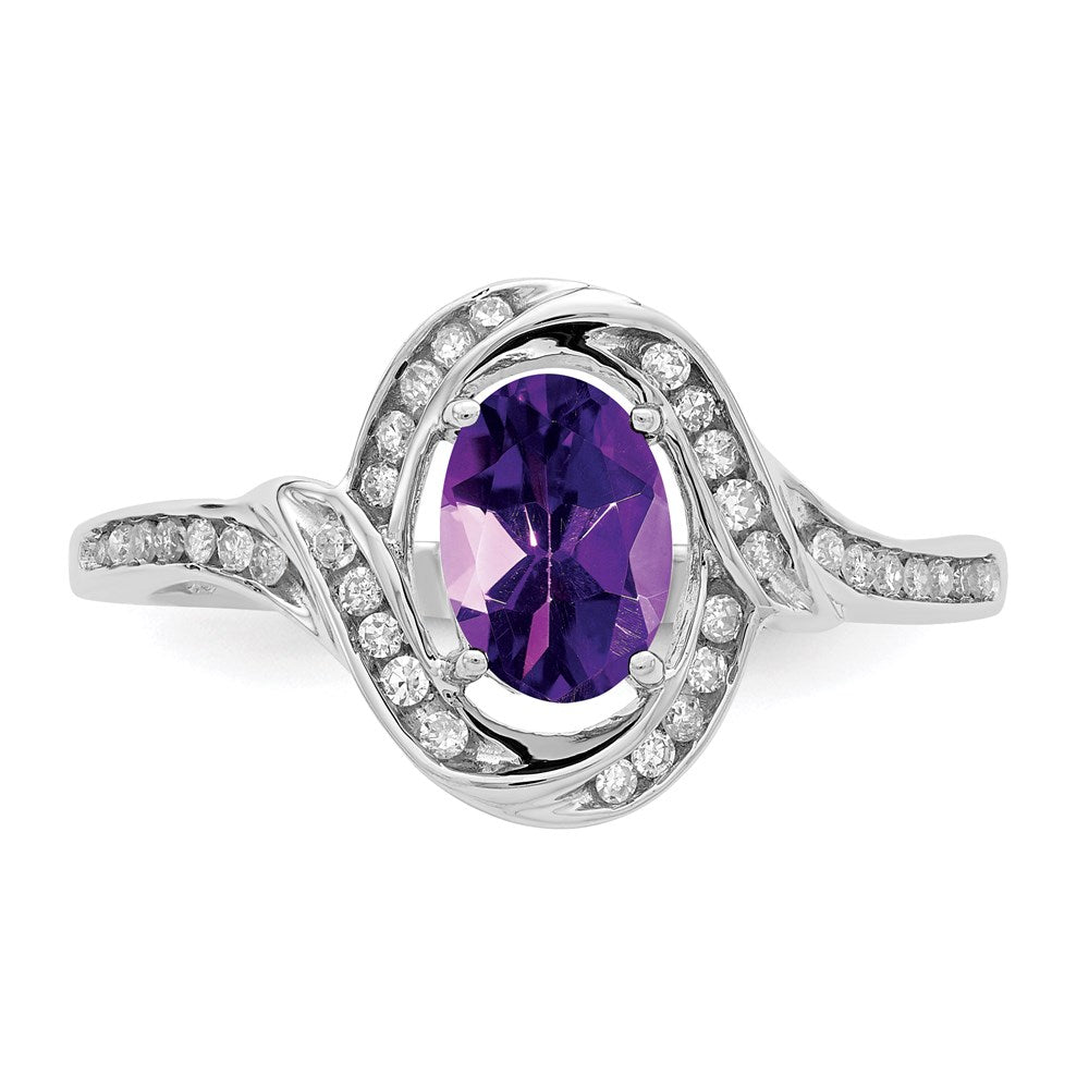 Sterling Silver Rhodium-plated Diamond & Amethyst Ring