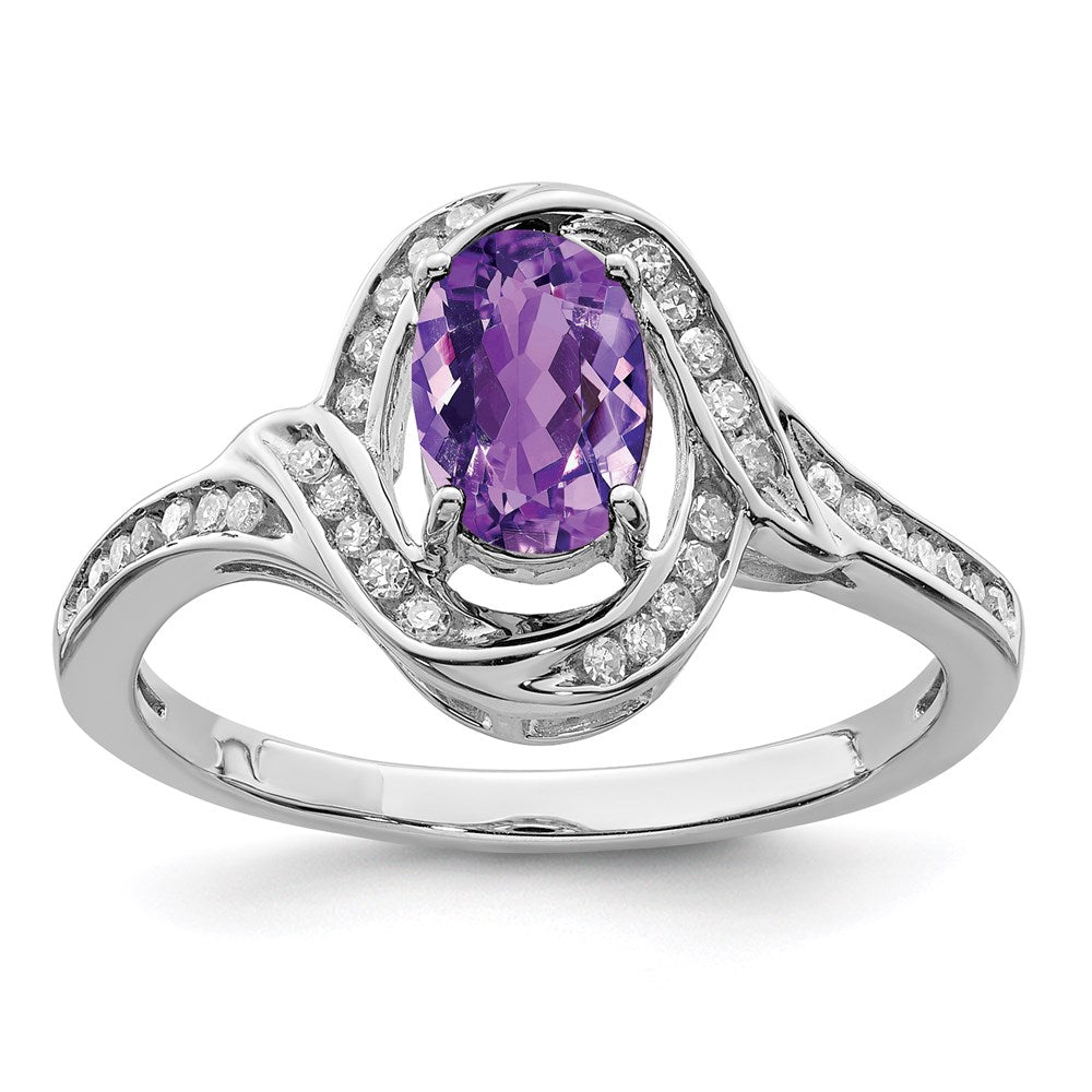 Sterling Silver Rhodium-plated Diamond & Amethyst Ring