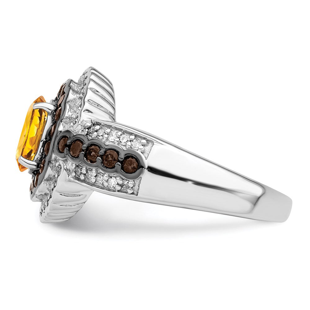 Sterling Silver Rhodium Citrine and Smoky Quartz & Diamond Ring