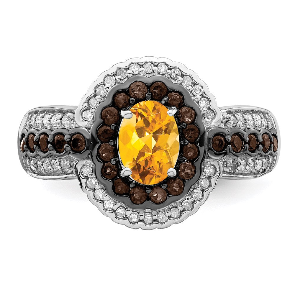 Sterling Silver Rhodium Citrine and Smoky Quartz & Diamond Ring