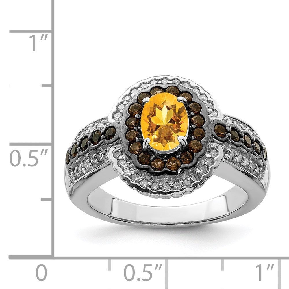 Sterling Silver Rhodium Citrine and Smoky Quartz & Diamond Ring