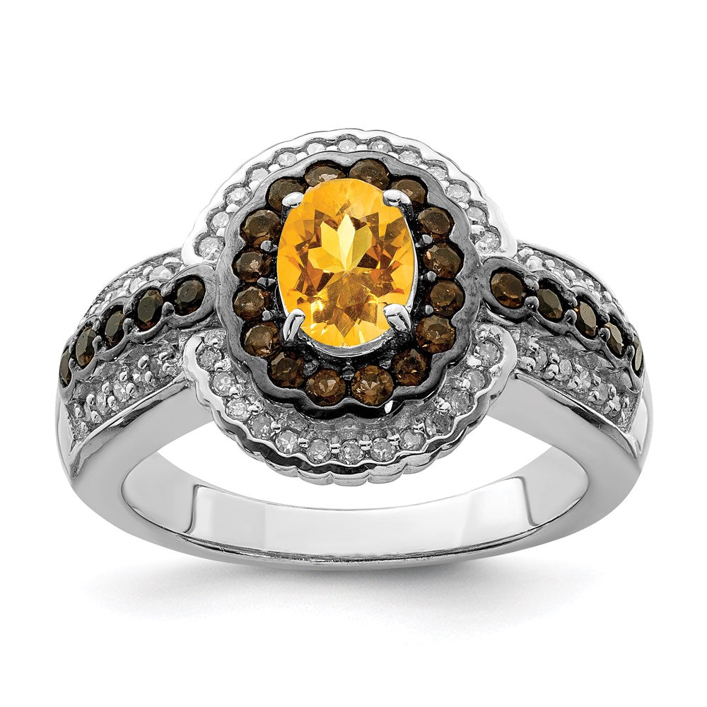 Sterling Silver Rhodium Citrine and Smoky Quartz & Diamond Ring