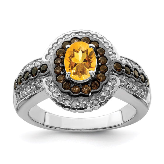 Sterling Silver Rhodium Citrine and Smoky Quartz & Diamond Ring