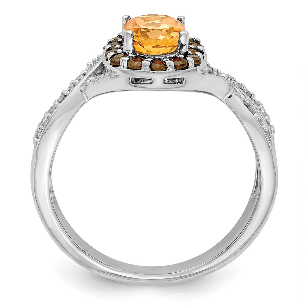 Sterling Silver Rhodium Citrine and Smoky Quartz & Diamond Ring