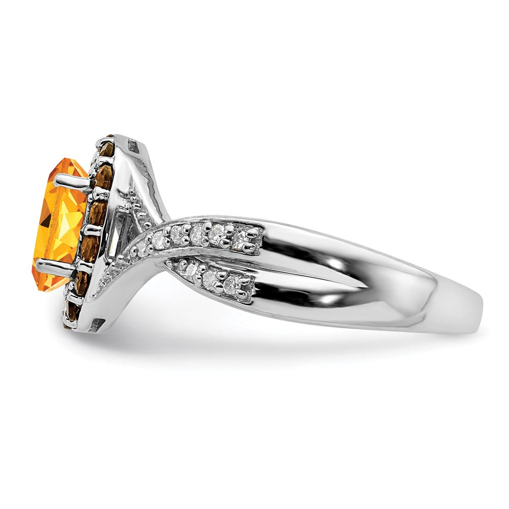 Sterling Silver Rhodium Citrine and Smoky Quartz & Diamond Ring