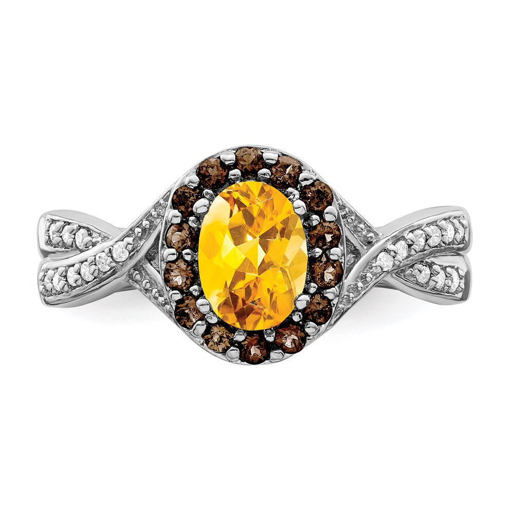 Sterling Silver Rhodium Citrine and Smoky Quartz & Diamond Ring