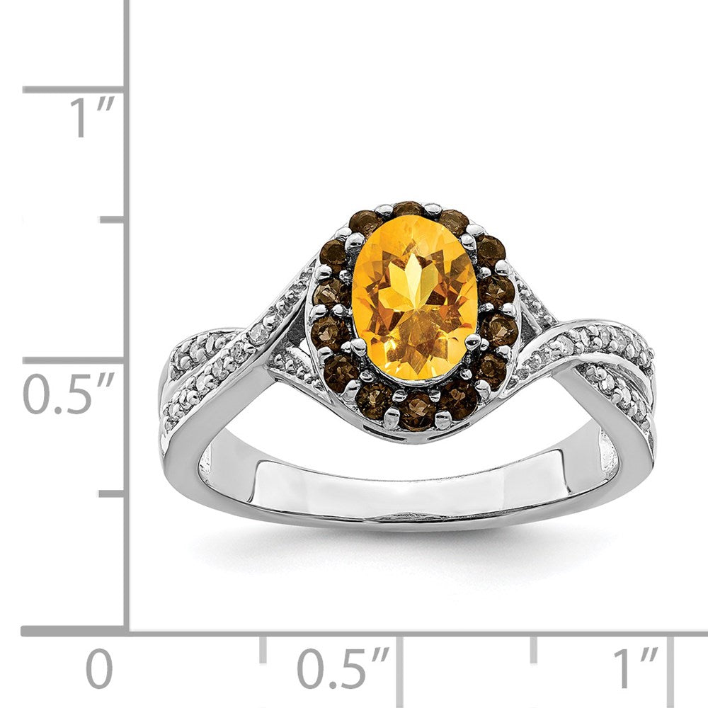 Sterling Silver Rhodium Citrine and Smoky Quartz & Diamond Ring