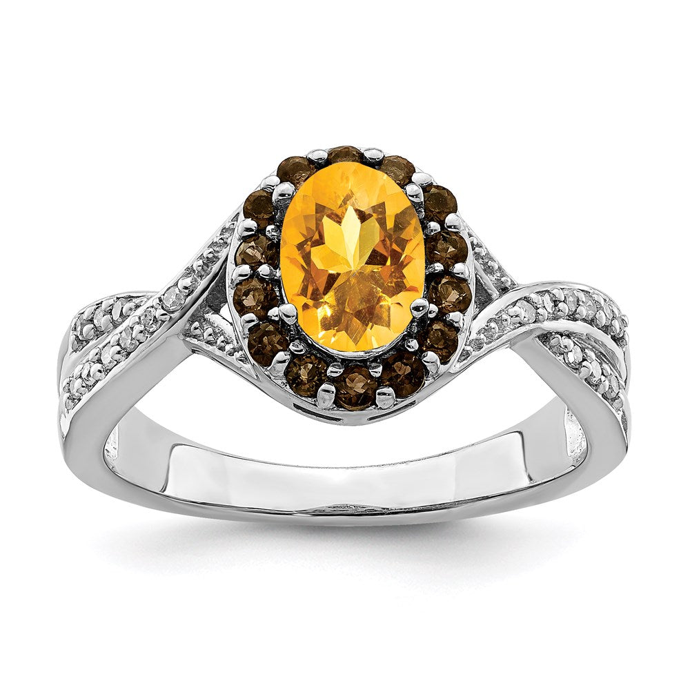 Sterling Silver Rhodium Citrine and Smoky Quartz & Diamond Ring