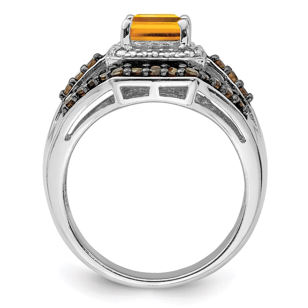 Sterling Silver Rhodium Citrine and Smoky Quartz & Diamond Ring