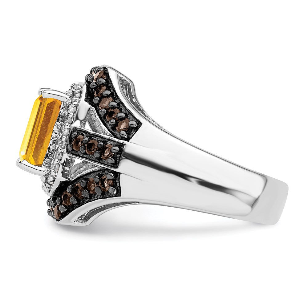 Sterling Silver Rhodium Citrine and Smoky Quartz & Diamond Ring