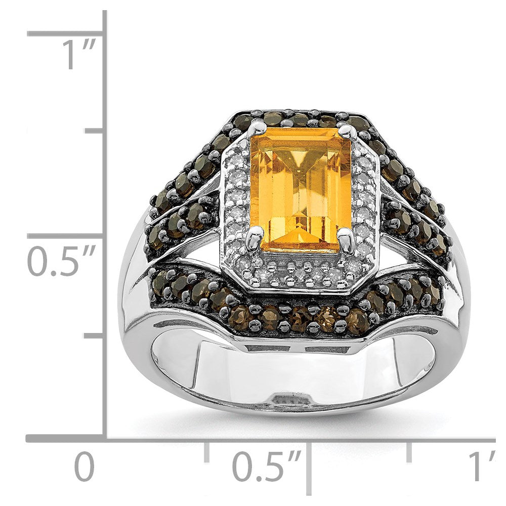 Sterling Silver Rhodium Citrine and Smoky Quartz & Diamond Ring