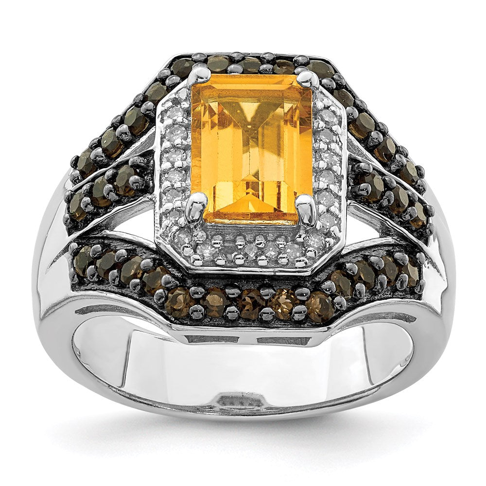 Sterling Silver Rhodium Citrine and Smoky Quartz & Diamond Ring