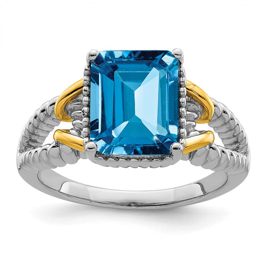 Sterling Silver Rhodium w/ Flash Gold-plate Blue Topaz Ring