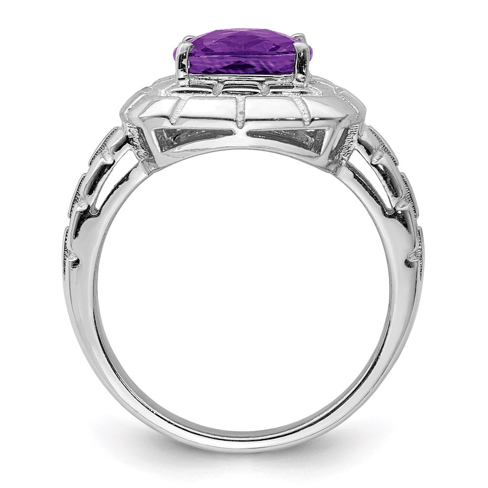 Sterling Silver Rhodium-plated Checker-Cut Amethyst Ring