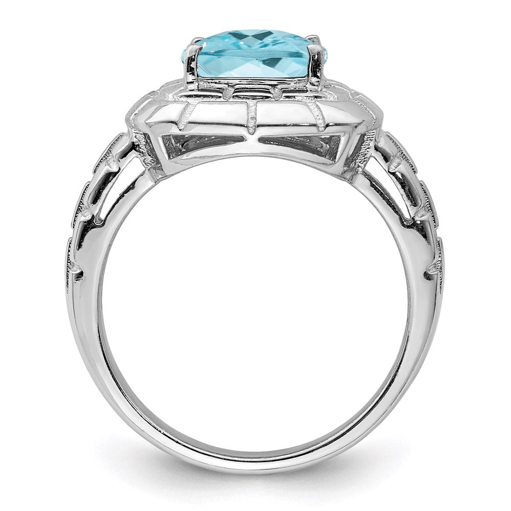 Sterling Silver Rhodium Checker-Cut Sky Blue Topaz Ring