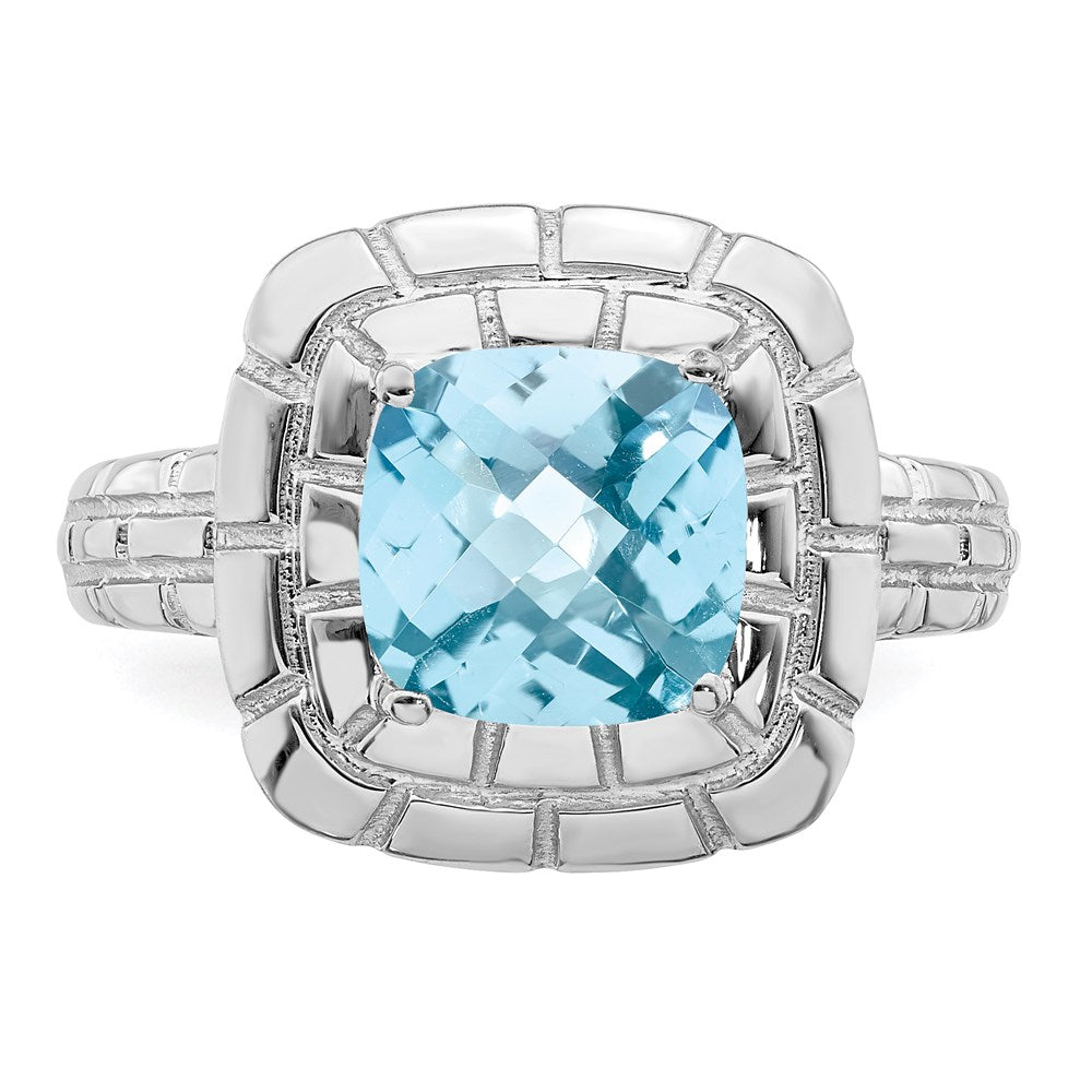 Sterling Silver Rhodium Checker-Cut Sky Blue Topaz Ring