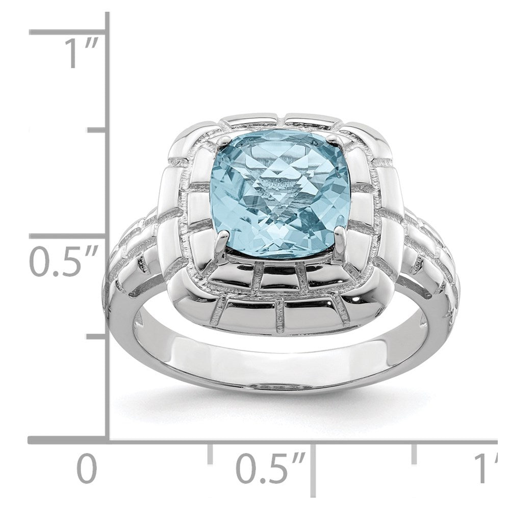 Sterling Silver Rhodium Checker-Cut Sky Blue Topaz Ring