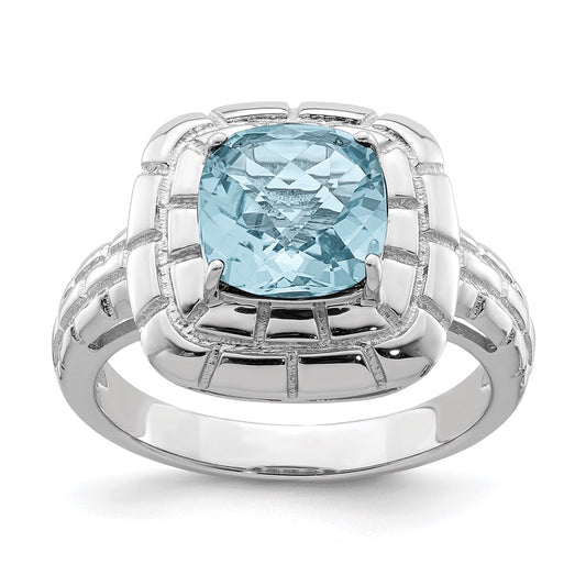 Sterling Silver Rhodium Checker-Cut Sky Blue Topaz Ring