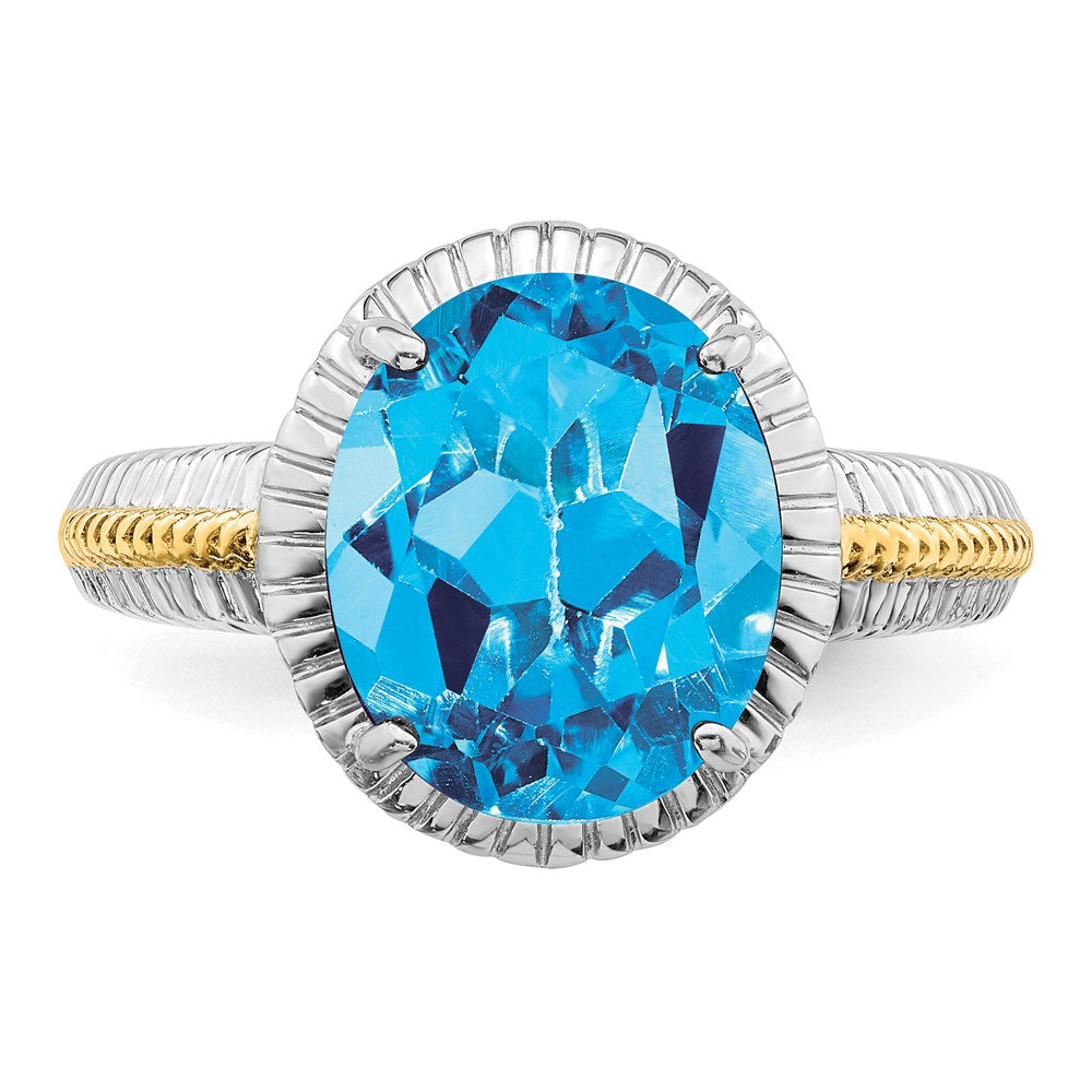 Sterling Silver Rhodium w/ Flash Gold-plate Blue Topaz Ring