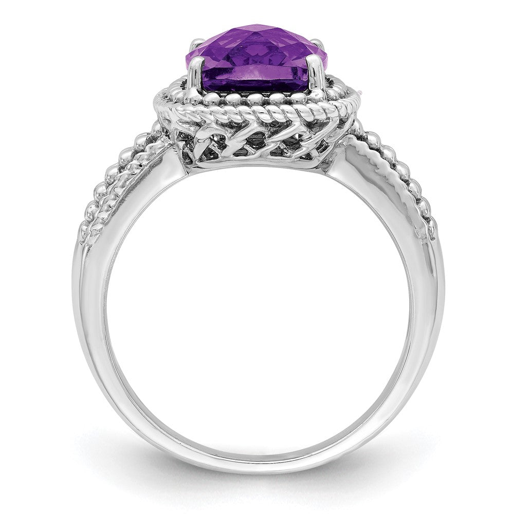 Sterling Silver Rhodium-plated Checker-Cut Amethyst Ring