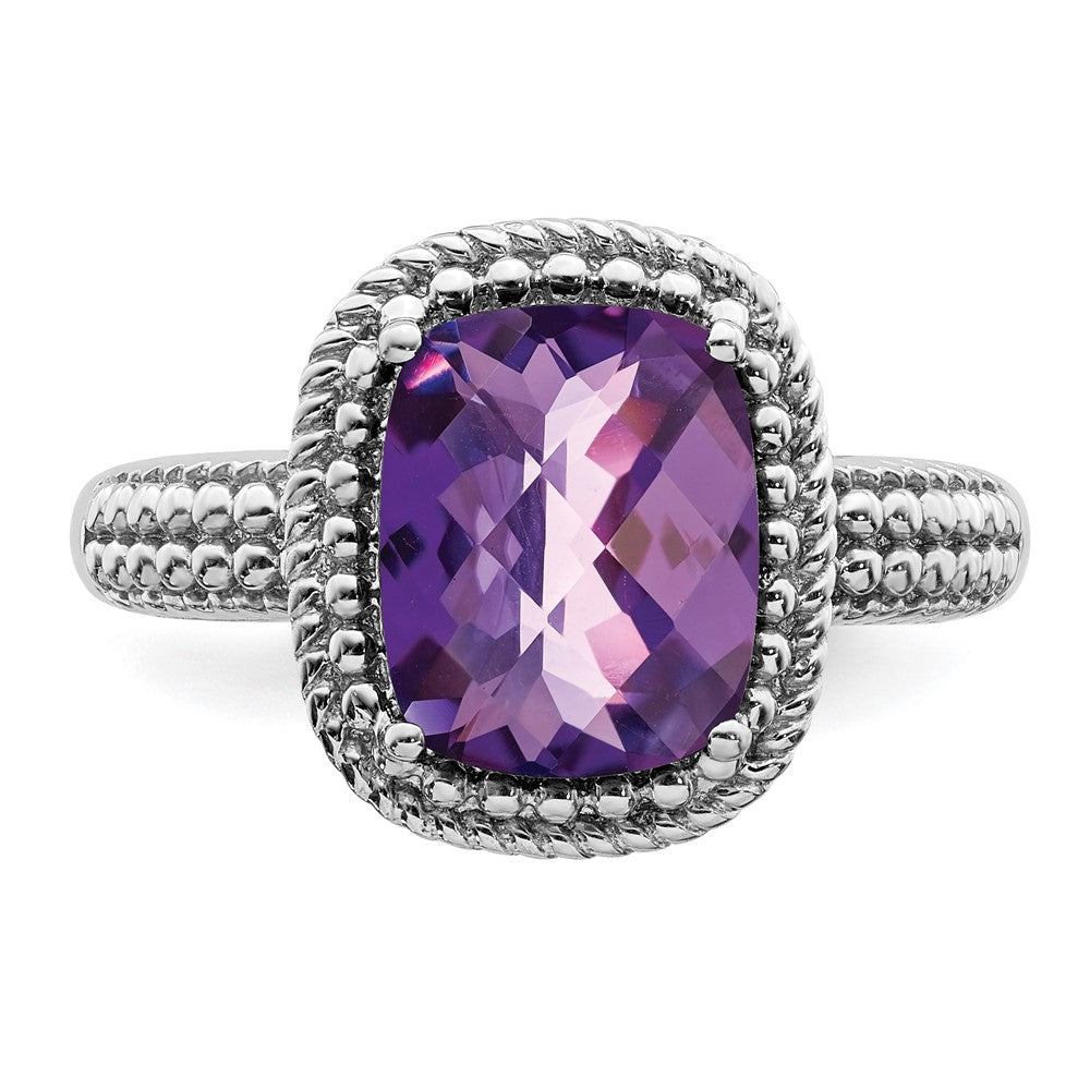 Sterling Silver Rhodium-plated Checker-Cut Amethyst Ring