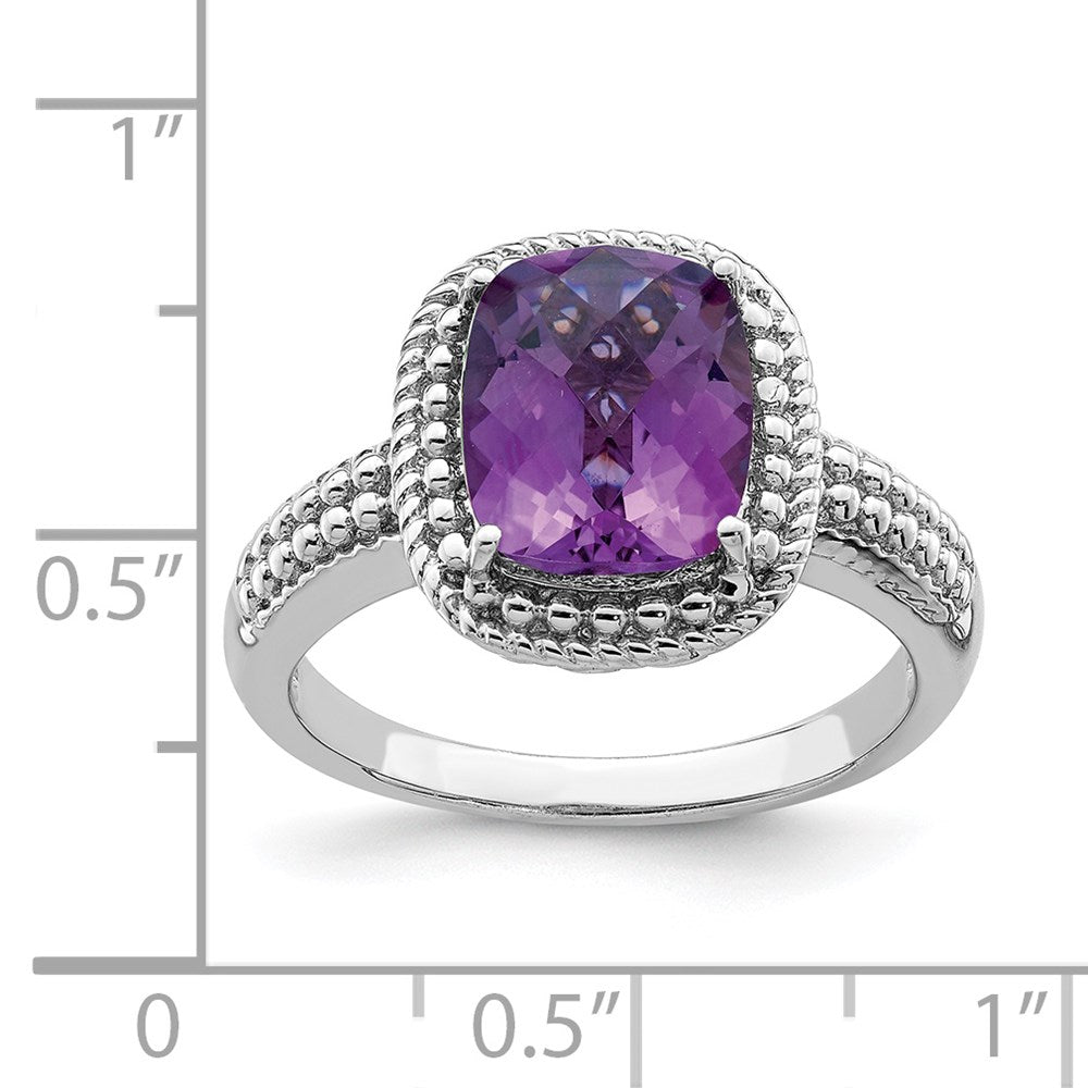 Sterling Silver Rhodium-plated Checker-Cut Amethyst Ring