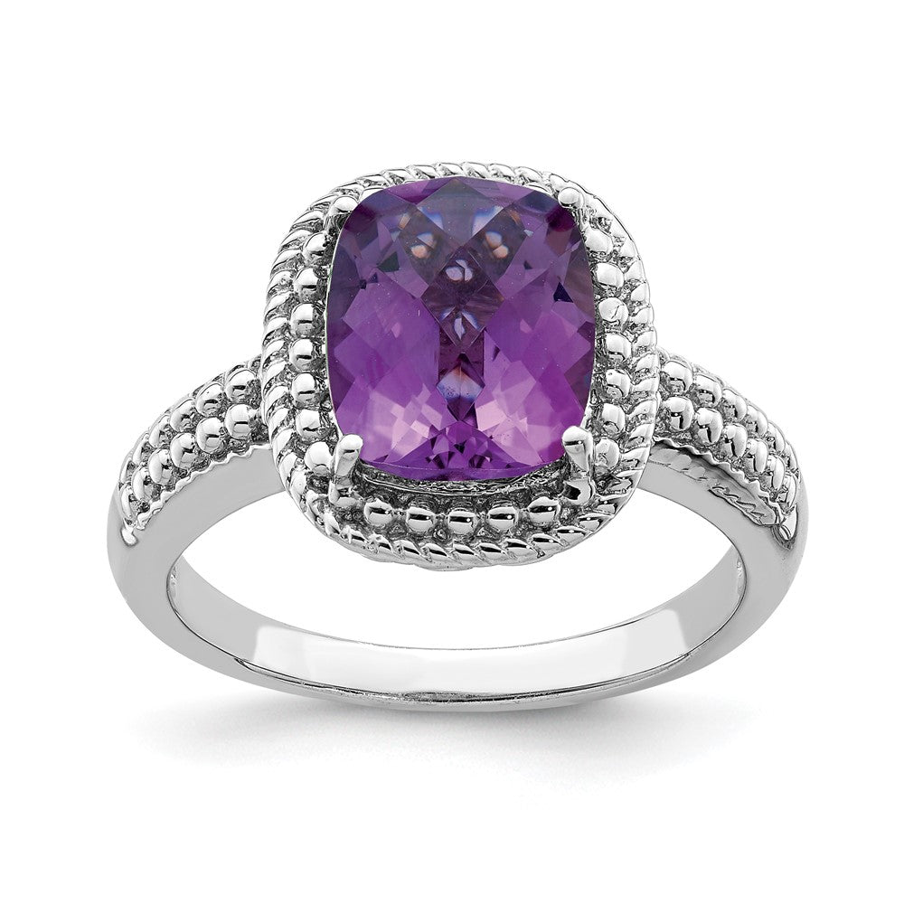 Sterling Silver Rhodium-plated Checker-Cut Amethyst Ring