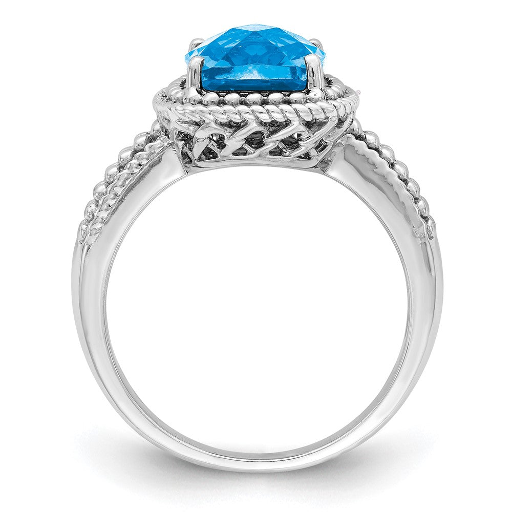 Sterling Silver Rhodium Checker-Cut Blue Topaz Ring