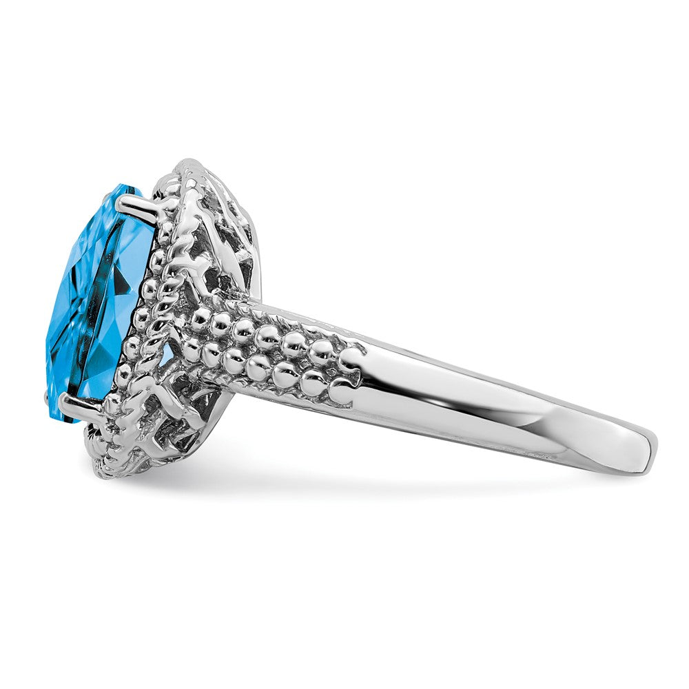 Sterling Silver Rhodium Checker-Cut Blue Topaz Ring