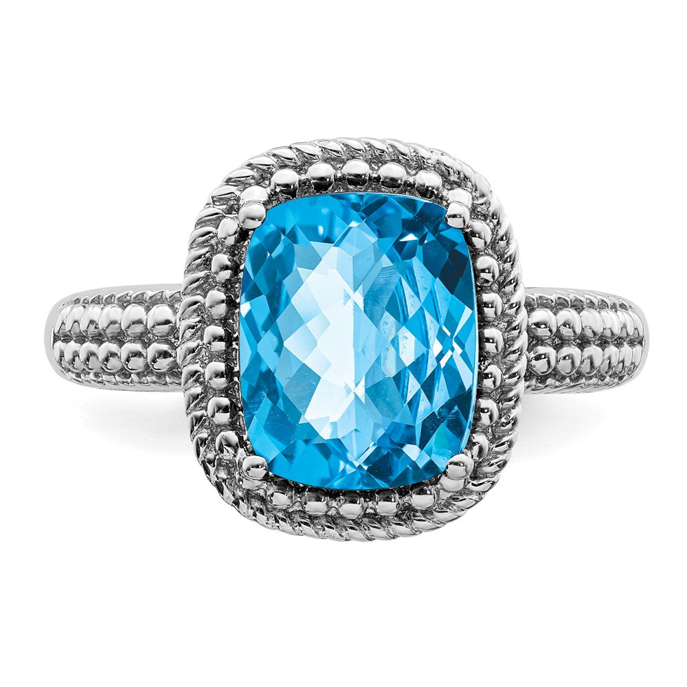 Sterling Silver Rhodium Checker-Cut Blue Topaz Ring