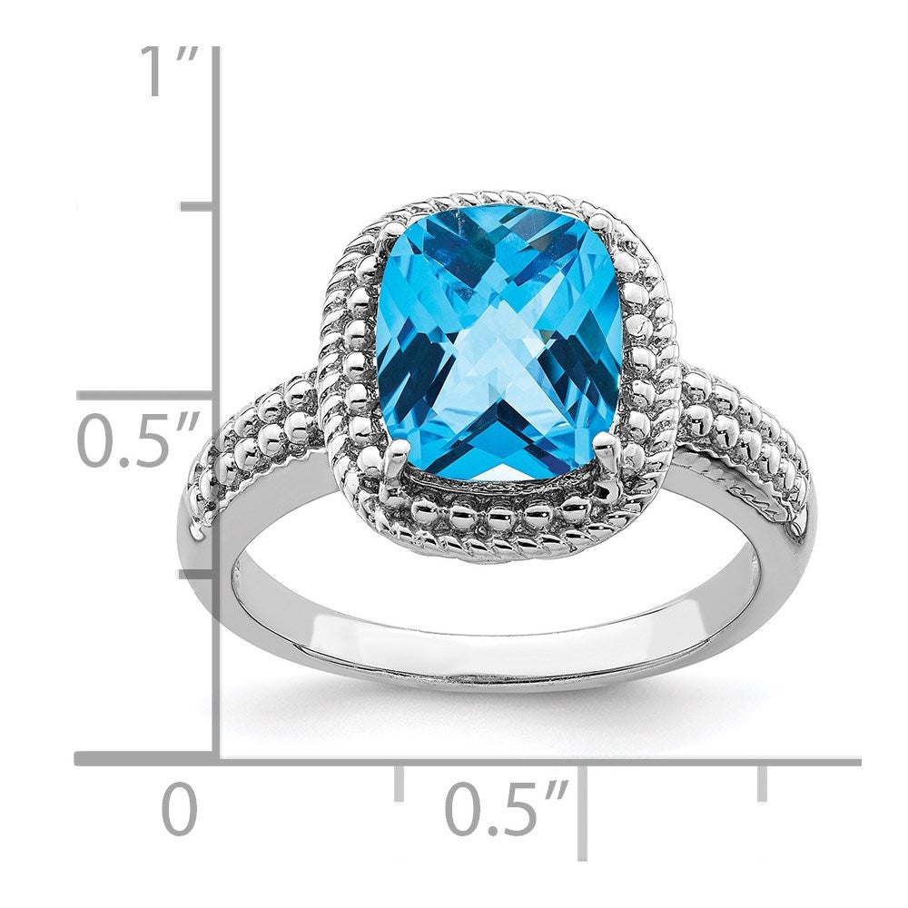 Sterling Silver Rhodium Checker-Cut Blue Topaz Ring