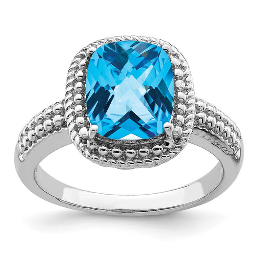 Sterling Silver Rhodium Checker-Cut Blue Topaz Ring