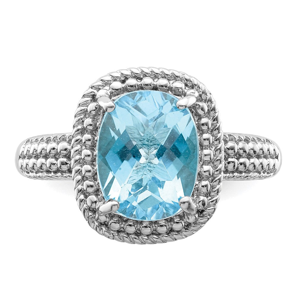 Sterling Silver Rhodium Checker-Cut Sky Blue Topaz Ring