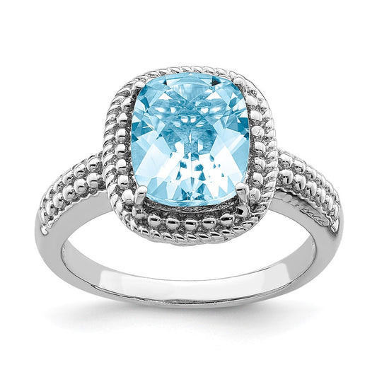 Sterling Silver Rhodium Checker-Cut Sky Blue Topaz Ring