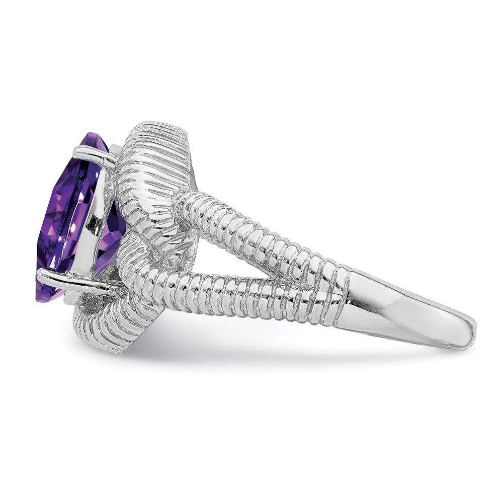 Sterling Silver Rhodium-plated Checker-Cut Amethyst Ring