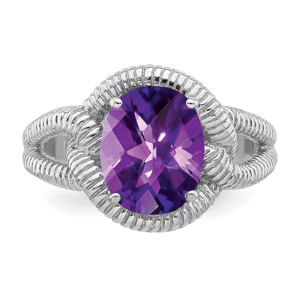 Sterling Silver Rhodium-plated Checker-Cut Amethyst Ring