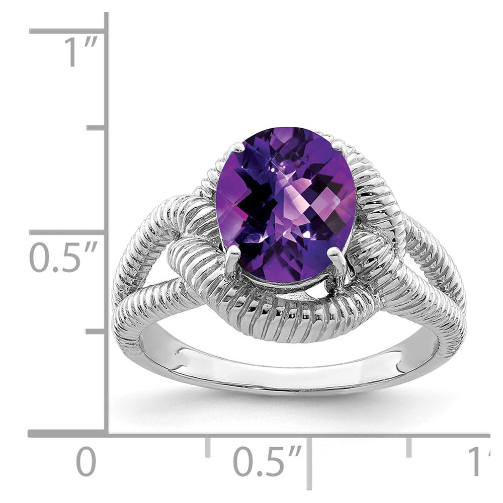 Sterling Silver Rhodium-plated Checker-Cut Amethyst Ring