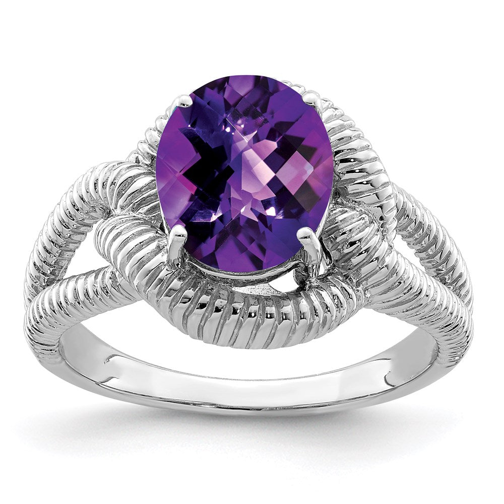 Sterling Silver Rhodium-plated Checker-Cut Amethyst Ring