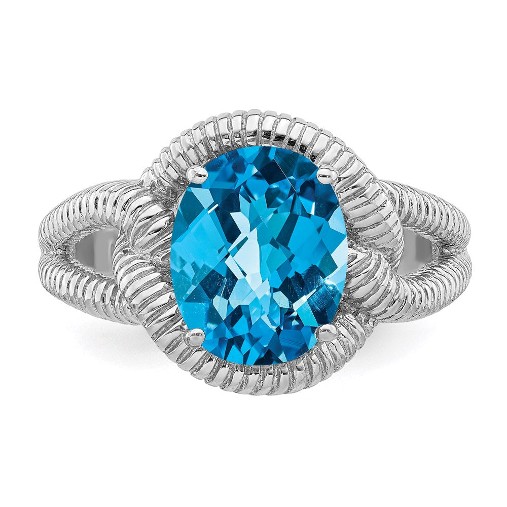 Sterling Silver Rhodium Checker-Cut Blue Topaz Ring