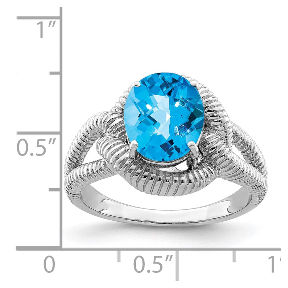 Sterling Silver Rhodium Checker-Cut Blue Topaz Ring