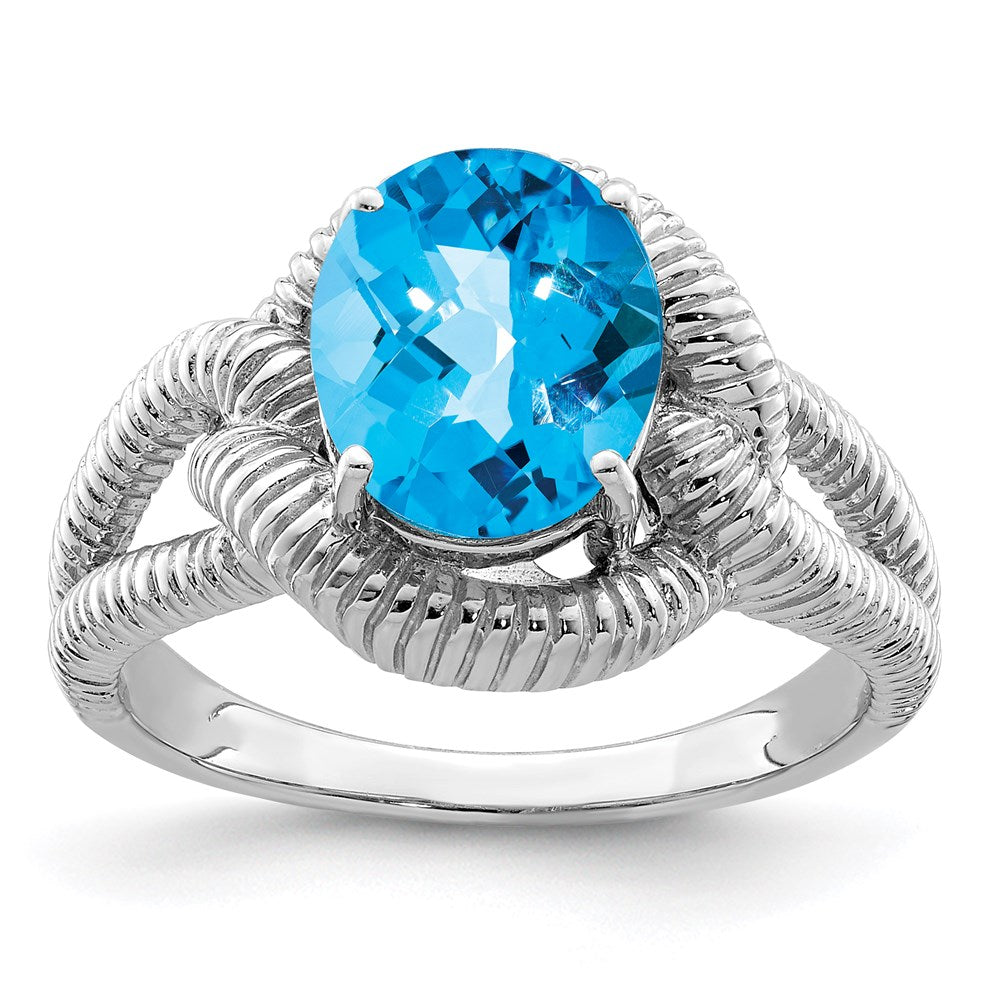 Sterling Silver Rhodium Checker-Cut Blue Topaz Ring