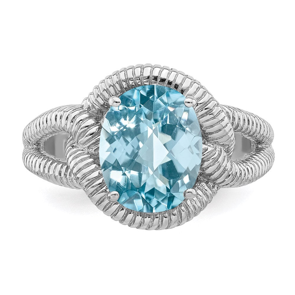 Sterling Silver Rhodium Checker-Cut Sky Blue Topaz Ring