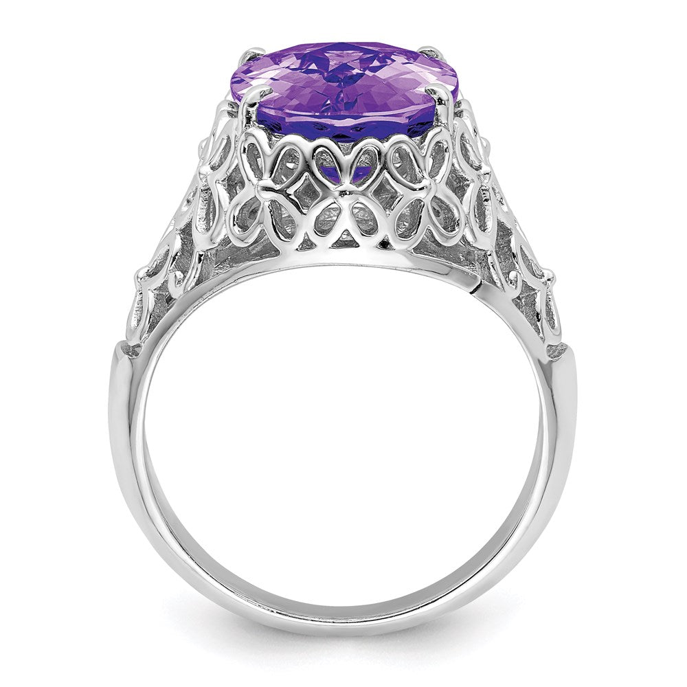 Sterling Silver Rhodium-plated Checker-Cut Amethyst Ring