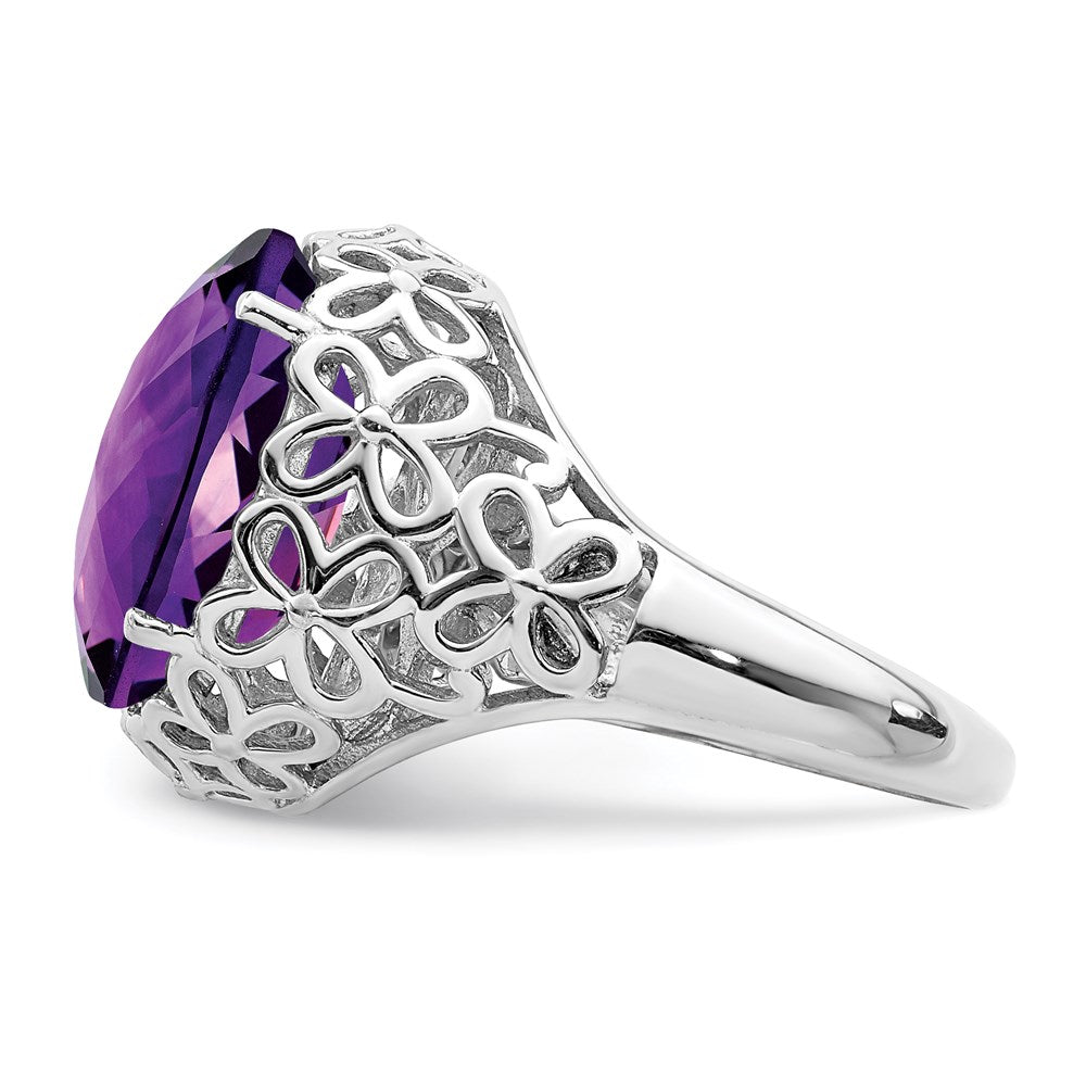 Sterling Silver Rhodium-plated Checker-Cut Amethyst Ring