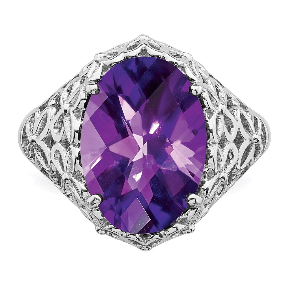 Sterling Silver Rhodium-plated Checker-Cut Amethyst Ring